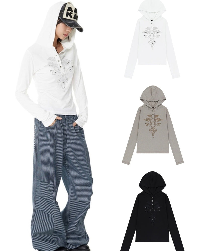 【AAKAM】Studded Leaf Hooded Long Sleeve