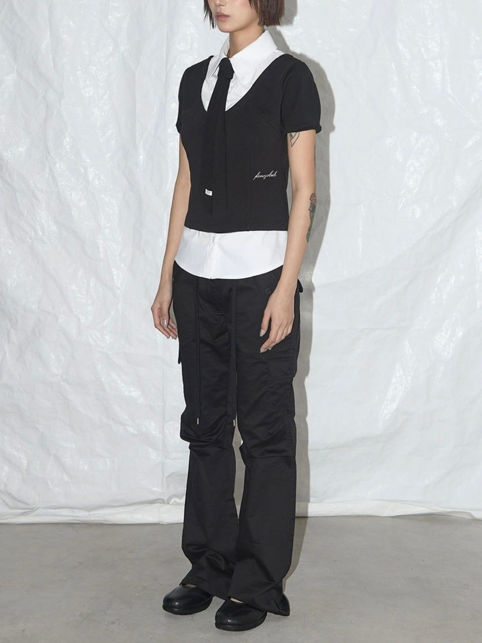 【FANCY CLUB】PREPPY RIBBON TIE SHIRT / 【ファンシークラブ】プレッピーリボンタイレイヤード半袖シャツ