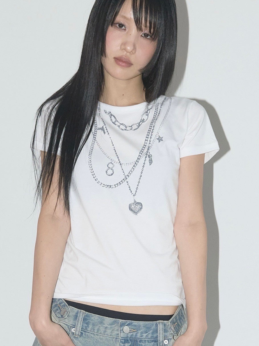 【FANCY CLUB】DUAL CHARM NECKLACE TEE / 【ファンシークラブ】チャームネックレスプリント半袖Tシャツ