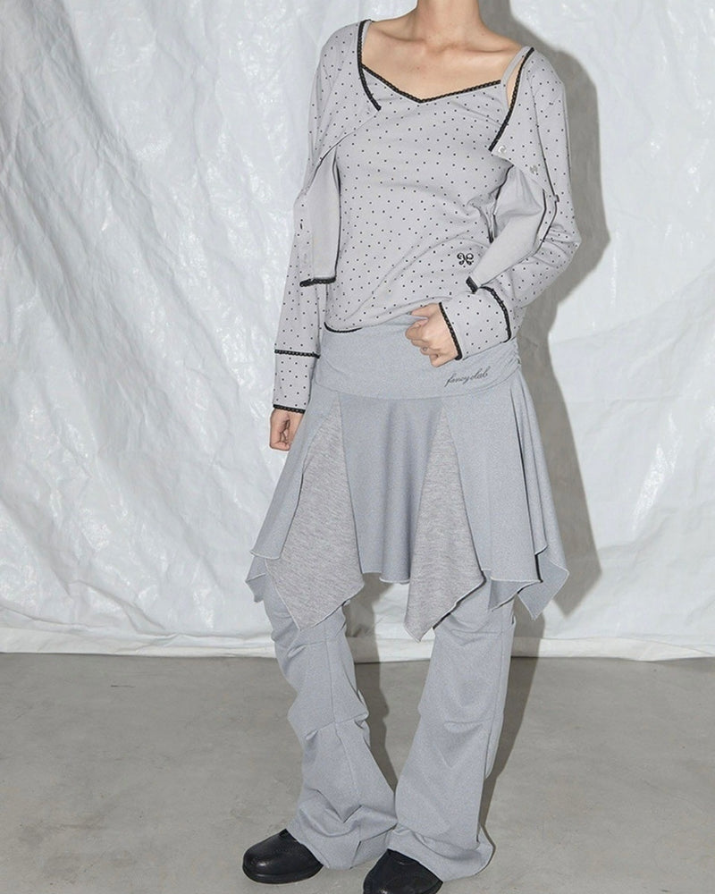 【FANCY CLUB】UNBALANCE SKIRT LAYERED PINTUCK PANTS