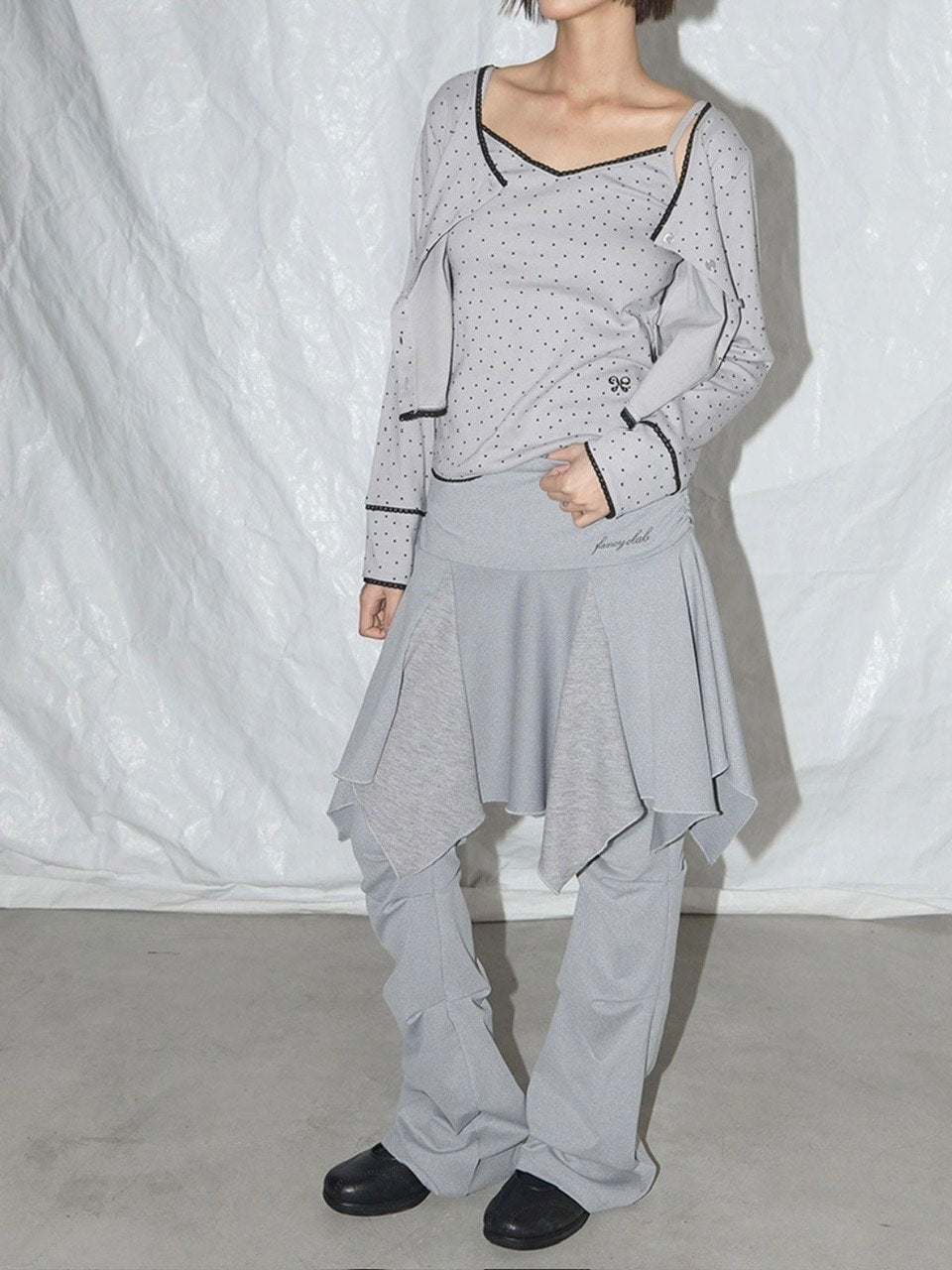 【FANCY CLUB】UNBALANCE SKIRT LAYERED PINTUCK PANTS