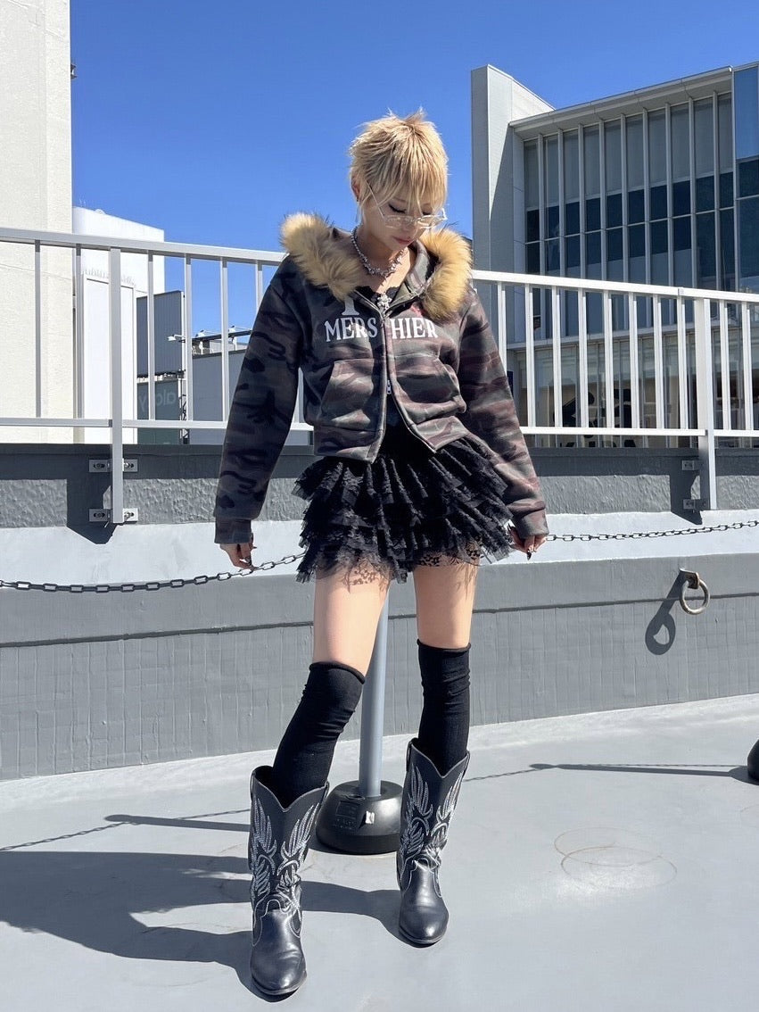 受注制【Never mind the XU】camouflage fur hood zipup /【ネバーマインドエックスユー】カモフラージュファーフードジップアップパーカー