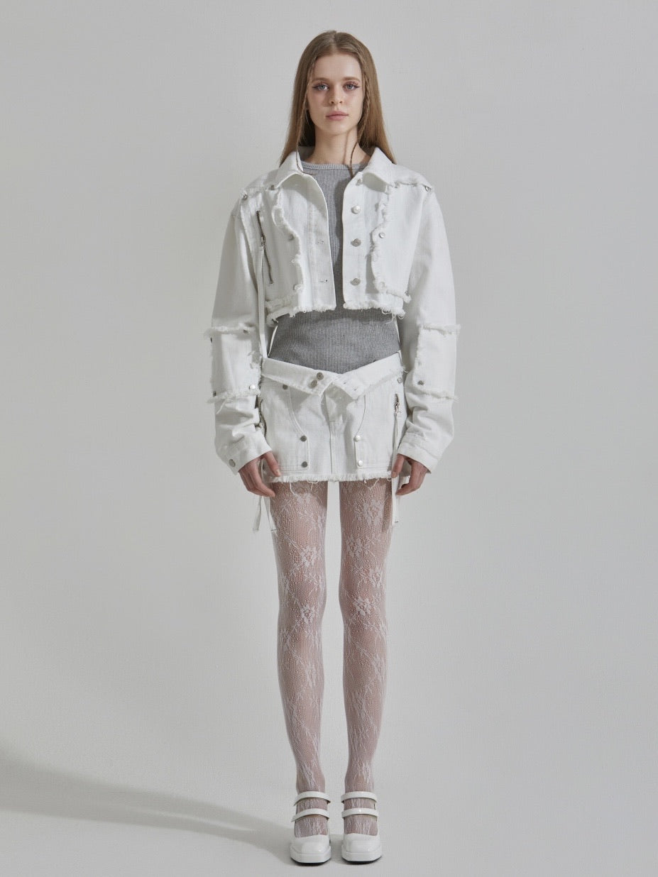 【GATELESS】RIVET FRINGE DENIM MINI SKIRT