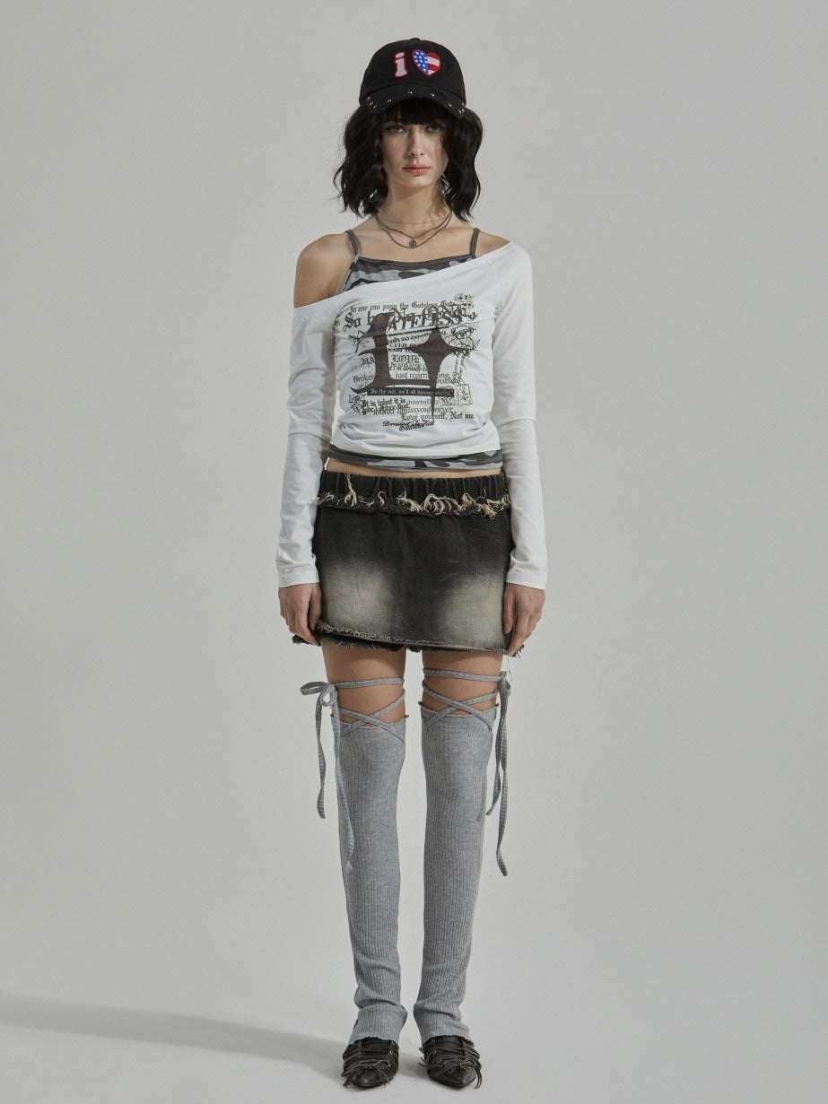 【GATELESS】CAMOUFLAGE LAYERED ONE SHOULDER T-SHIRT