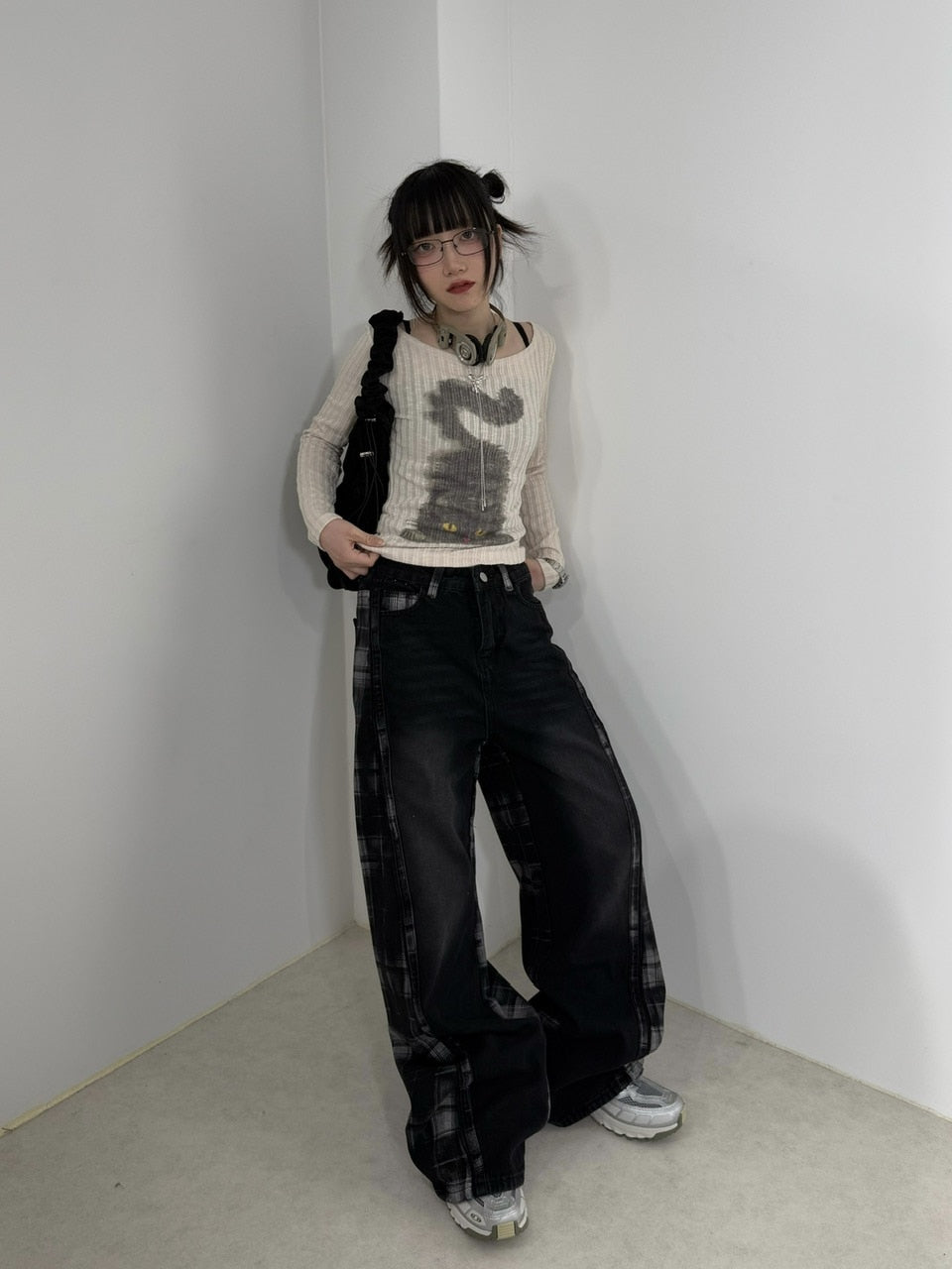 即日発送可【M】ブラックHigh waist check pants 国際配送【Nerd out XU】high waist check wide denim pants