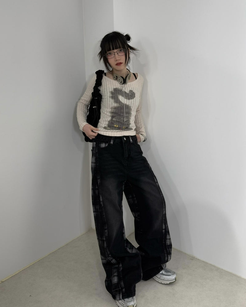 国際配送【Nerd out XU】high waist check wide denim pants