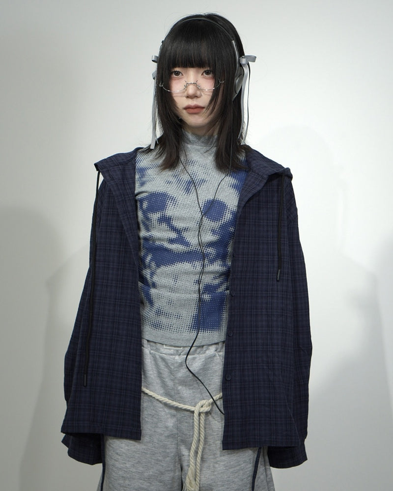 国際配送【Nerd out XU】blue check hoodie shirt