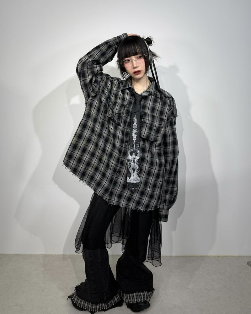国際配送【Nerd out XU】check frill hem flare denim pants / 【ナードアウトエックスユー】チェックフリルヘムフレアデニムパンツ