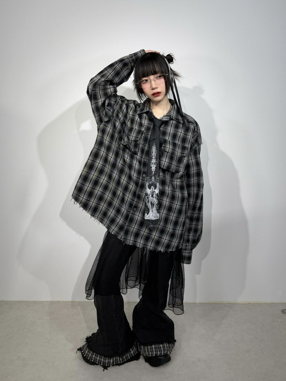 国際配送【Nerd out XU】check frill hem flare denim pants / 【ナードアウトエックスユー】チェックフリルヘムフレアデニムパンツ
