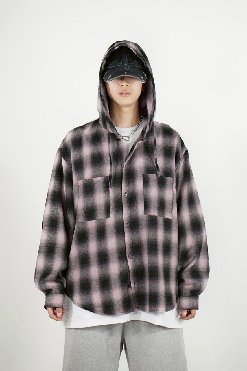 受注制【Chikashitsu +】tartan check hooded shirt (3color) / 【チカシツプラス】タータンチェックフード付き長袖シャツ
