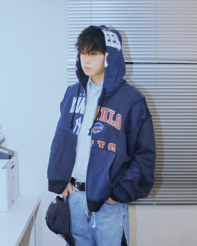 【Re +】double zip cutting switch hoodie (navy)