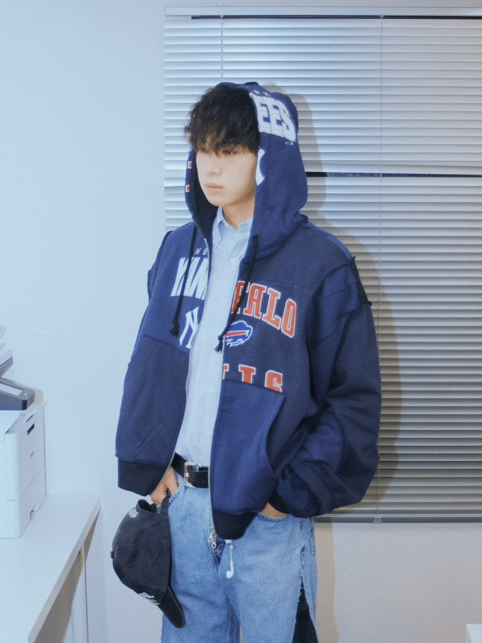 【Re +】double zip cutting switch hoodie (navy)