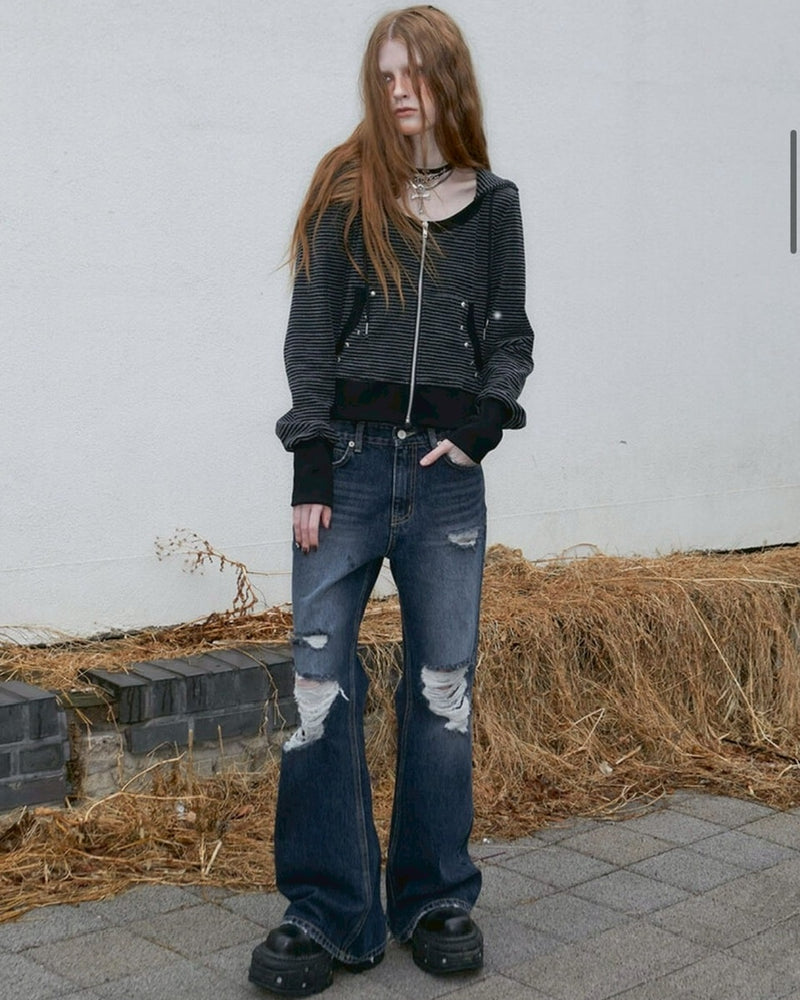 【NOT KNOWING】U Neck Stripe Hood Zip Up