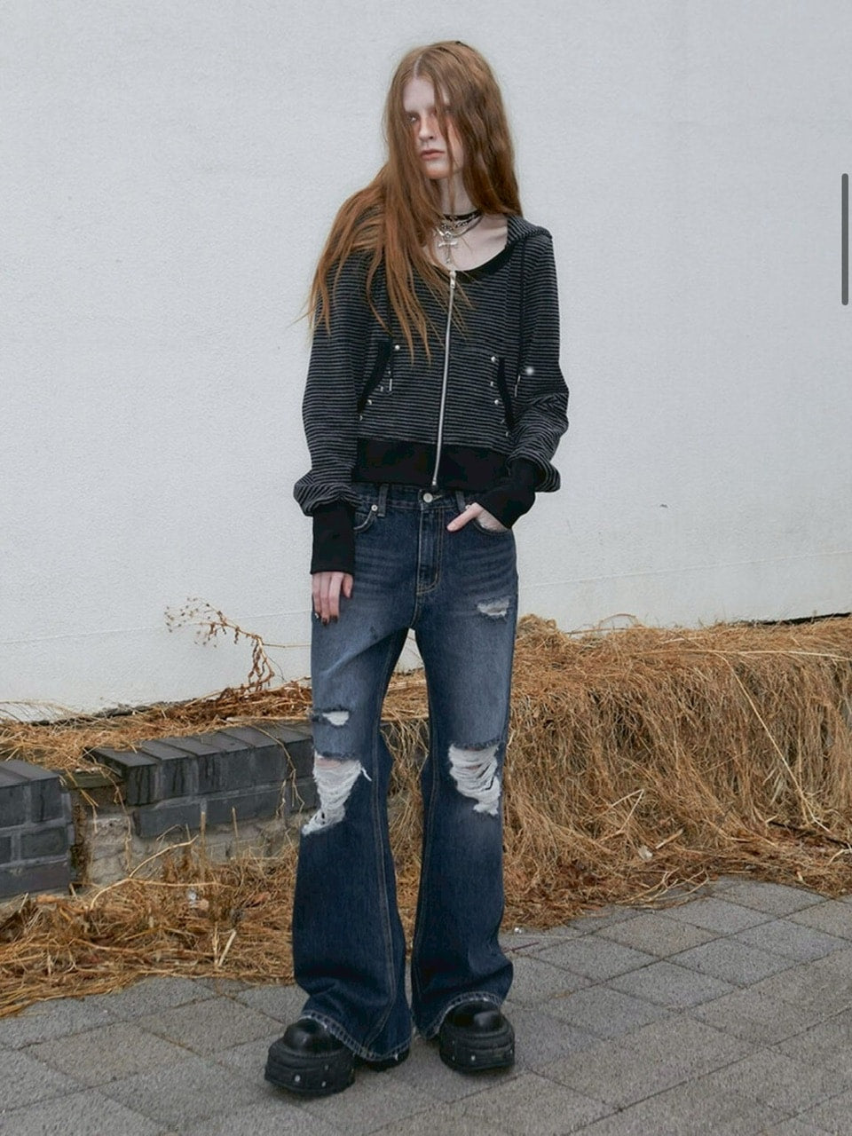 【NOT KNOWING】U Neck Stripe Hood Zip Up