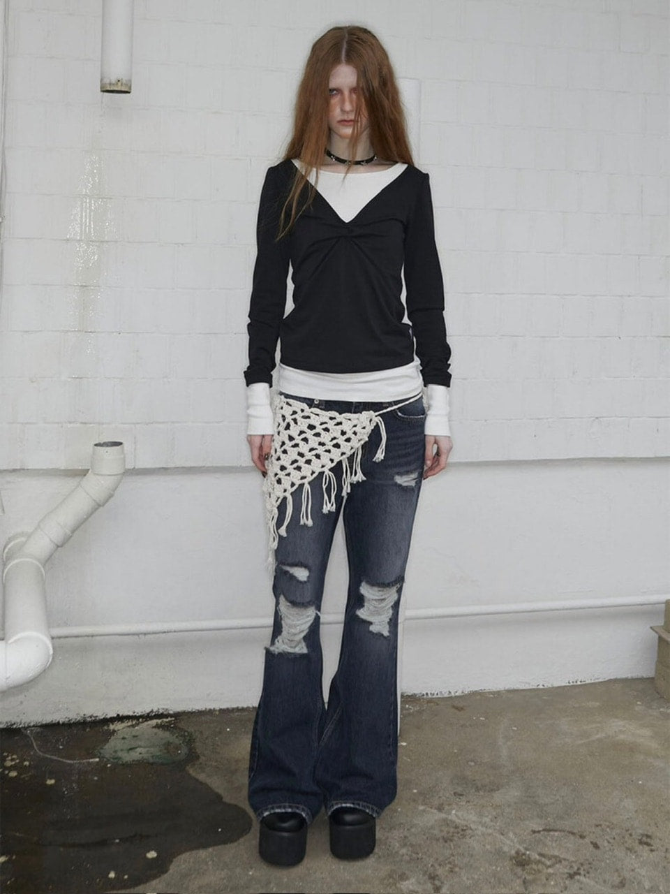 【NOT KNOWING】Back Strap Layered Top / 【ノットノーイング】バックストラップレイヤード長袖Tシャツ