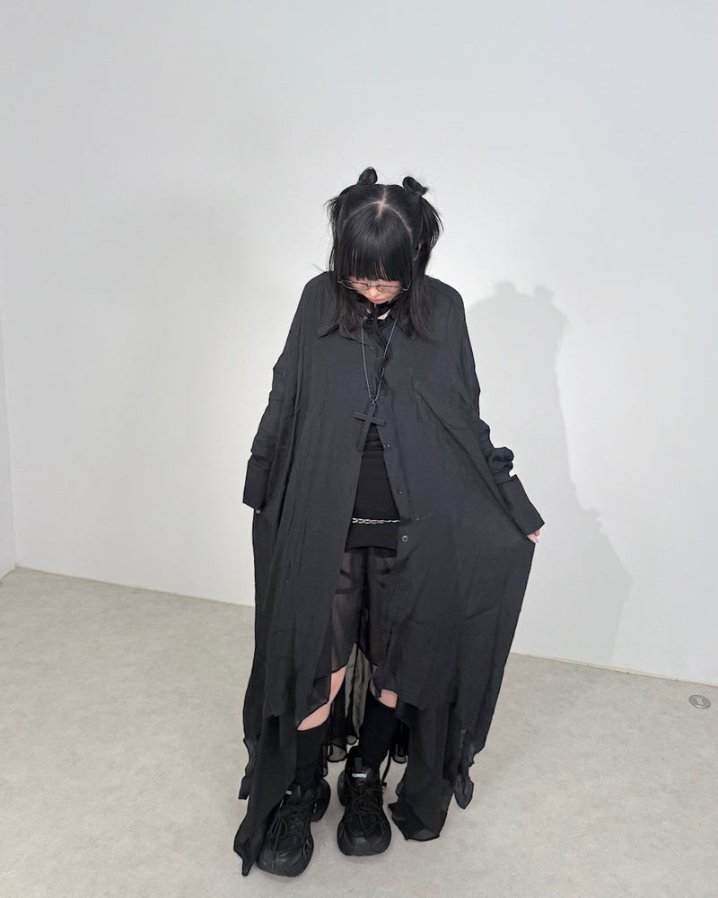 国際配送【Nerd out XU】asymmetry long sheer shirt