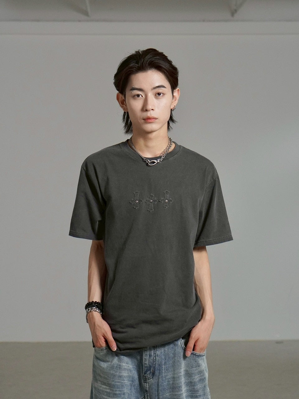 受注制【Chikashitsu +】pigment cross point t-shirt (2color) / 【チカシツプラス】ピグメントクロスポイント半袖Tシャツ