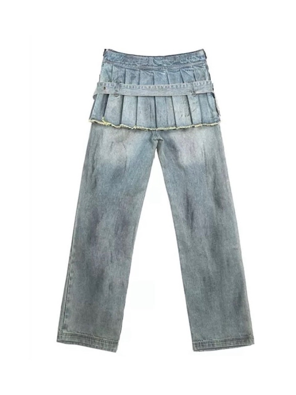 【Cest Nous】Dirty Wash Blue Denim Jeans / 【セヌー】ダーティーウォッシングスカートレイヤードデニムパンツ