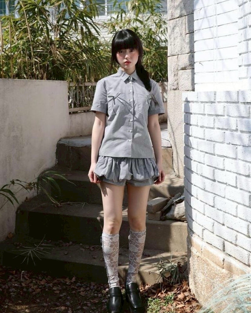 【Uglyshadow】CHECK RIBBON SHIRTS