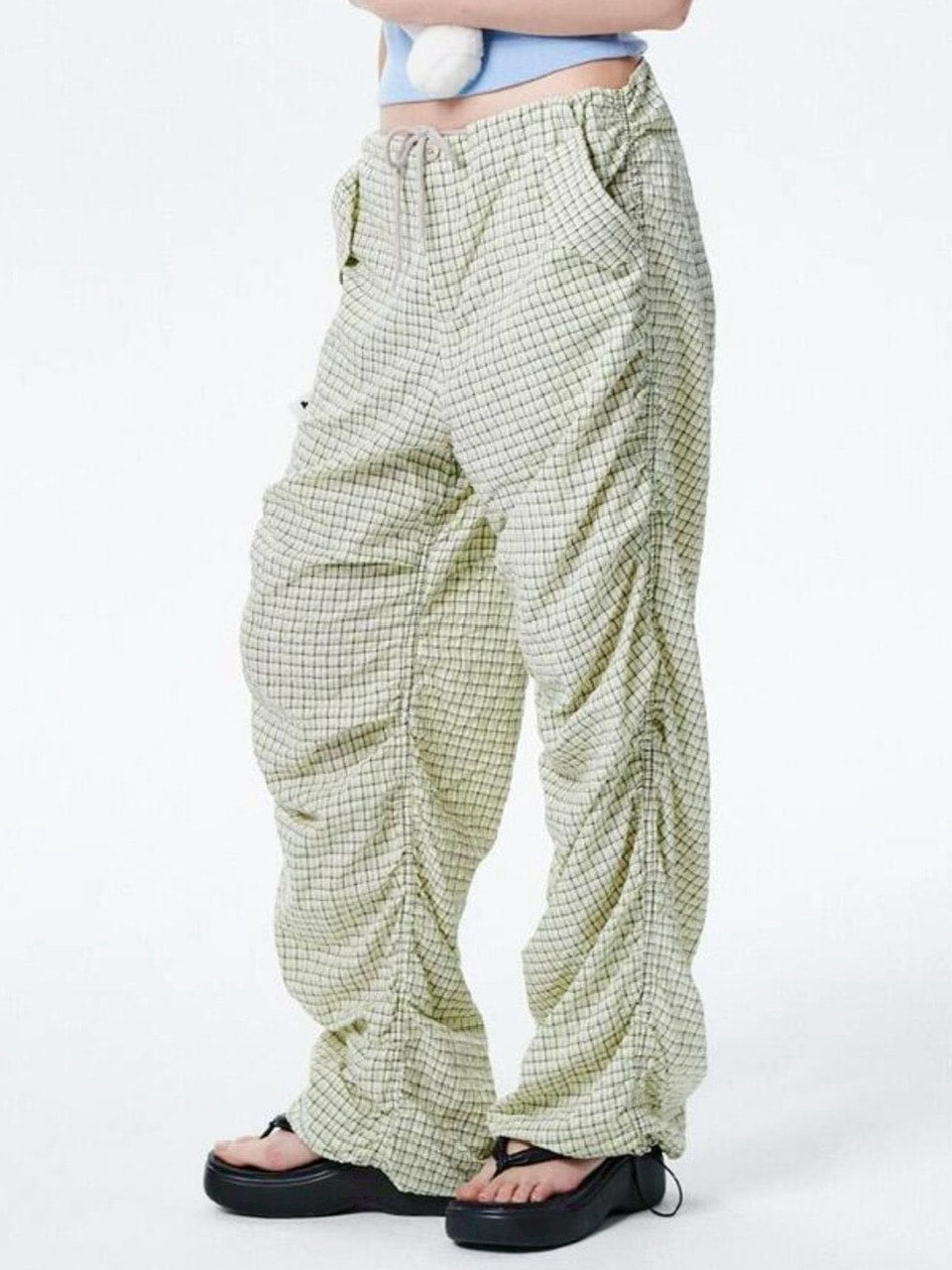 【runningHIGH】CHECK SHIRRING PARACHUTE PANTS