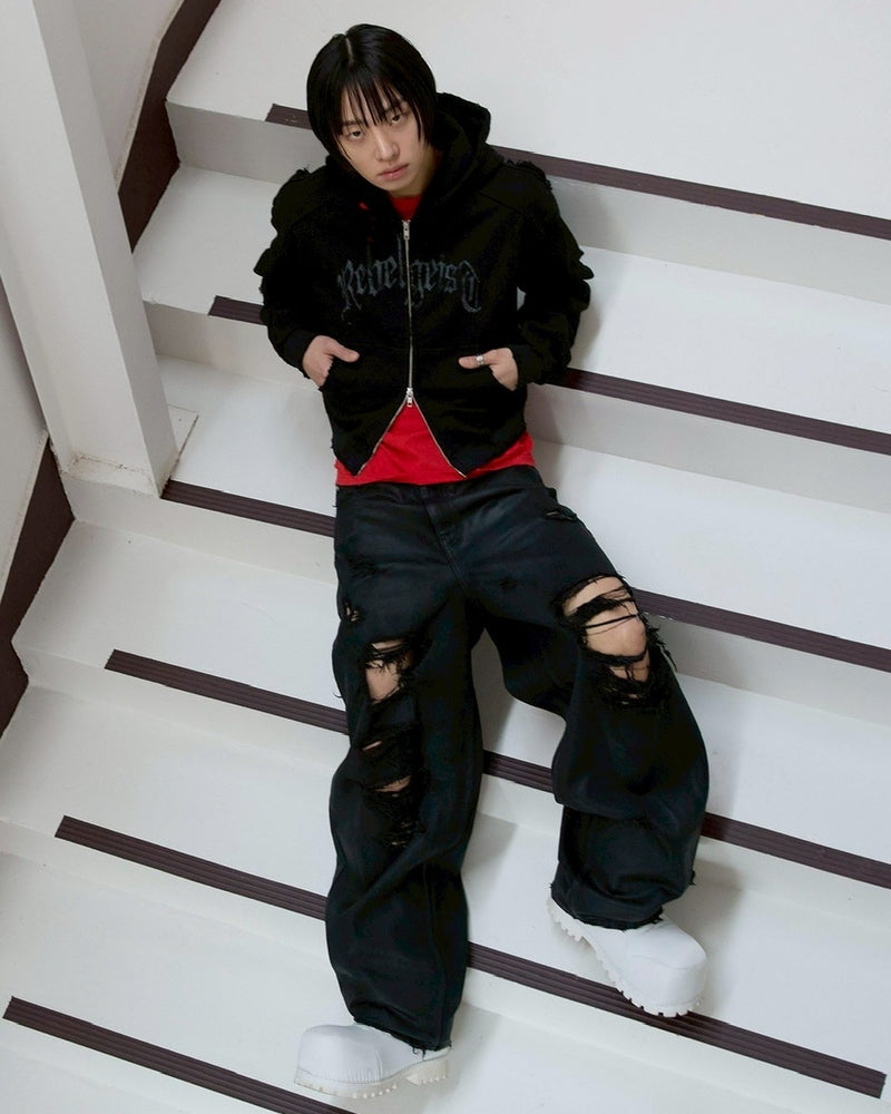 【ANOTHERYOUTH】damaged crop zip-up hoodie