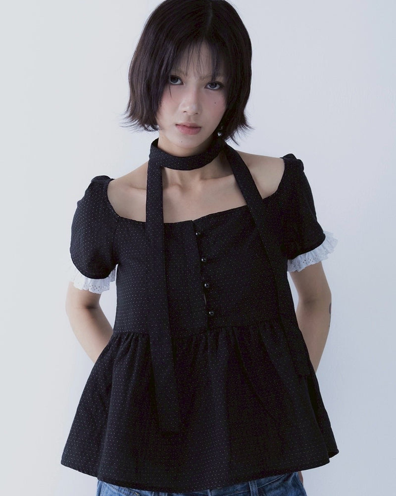【SETSETSET】DOT MUFFLER FLARED BLOUSE