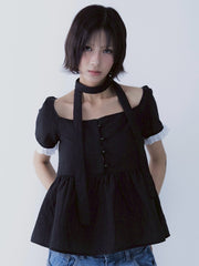 【SETSETSET】DOT MUFFLER FLARED BLOUSE