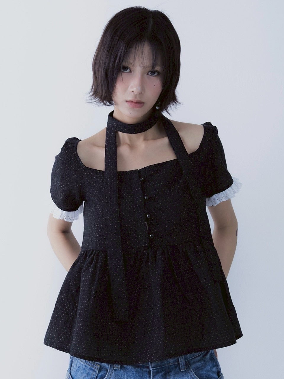 【SETSETSET】DOT MUFFLER FLARED BLOUSE