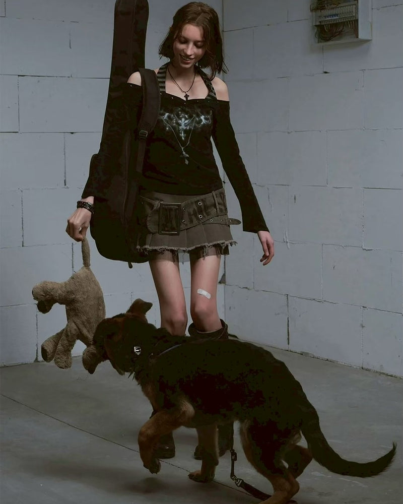 【Cest Nous】Printed Belted Pleated Skirt