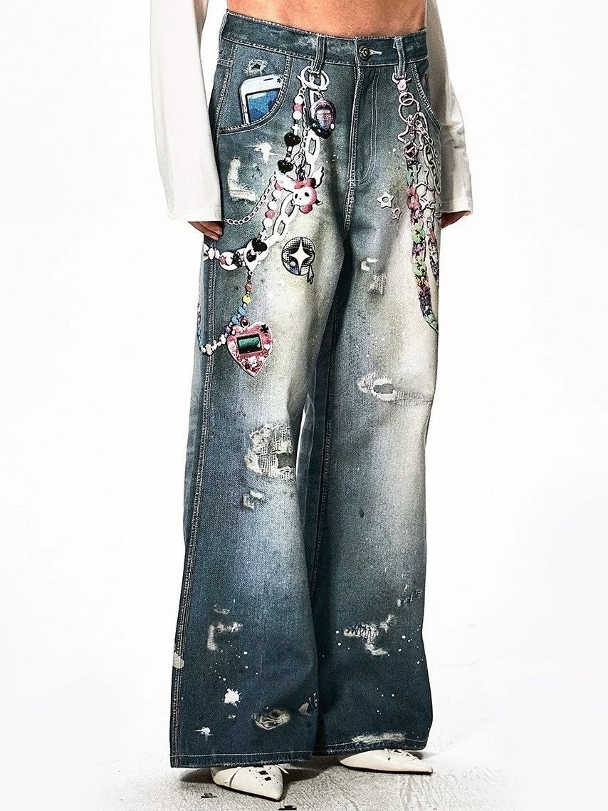 【DND4DES】Y2K CARTOON PENDANTS PRINT PANTS
