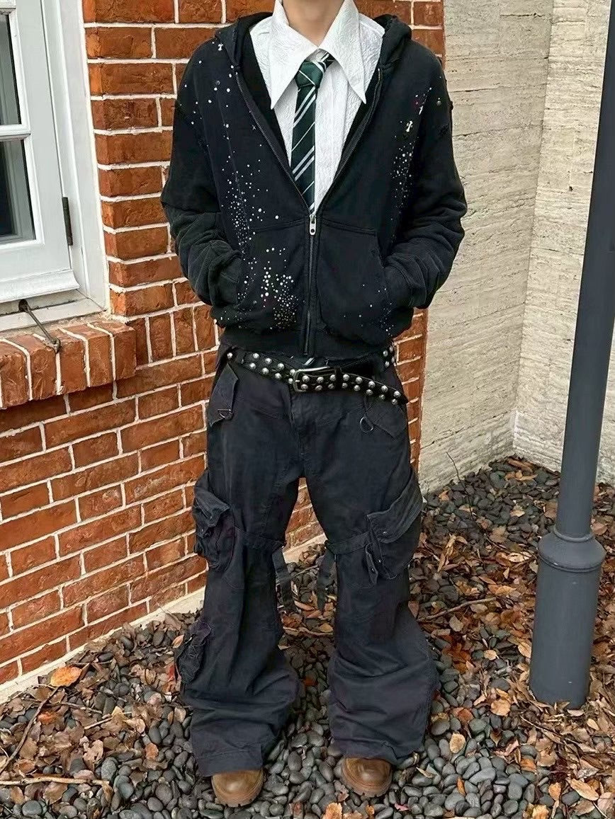 【DND4DES】RHINESTONE BLACK ZIP-UP HOODIE