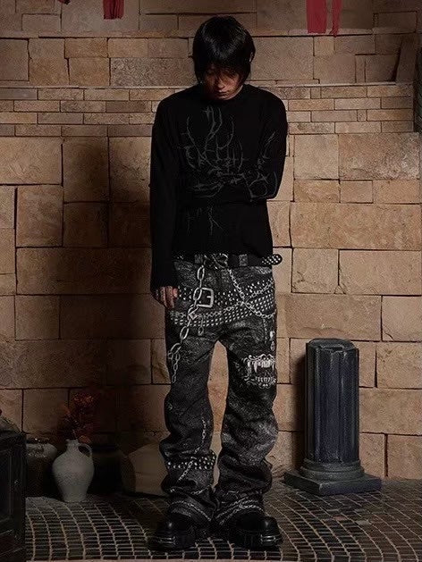 【DND4DES】MULTI BELTS CHAIN PRINTED JEANS