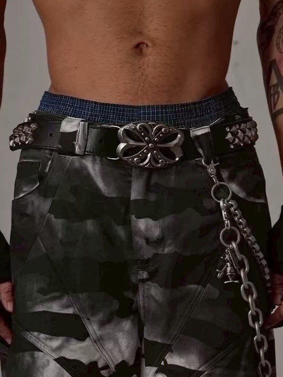 【DND4DES】STUDDED RHINESTONE CARVED BUCKLE LEATHER BELT