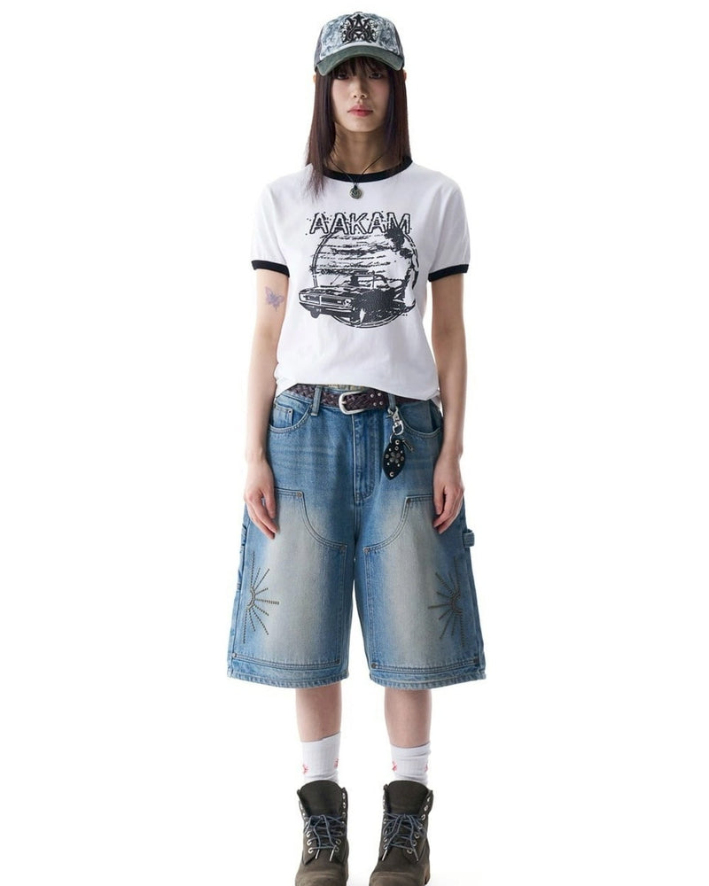 【AAKAM】Washed Double Knee Bermuda Denim Pants