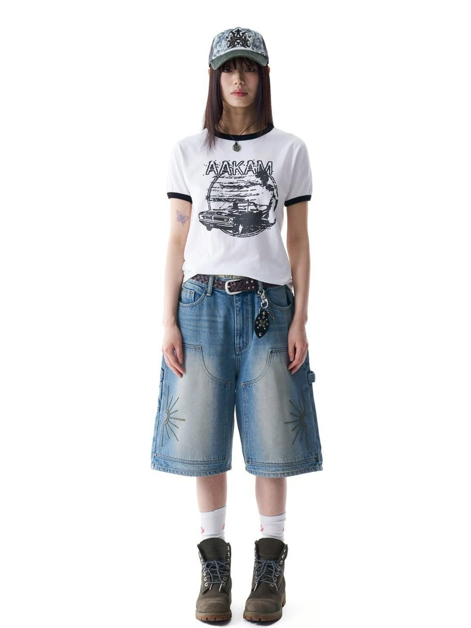 【AAKAM】Washed Double Knee Bermuda Denim Pants
