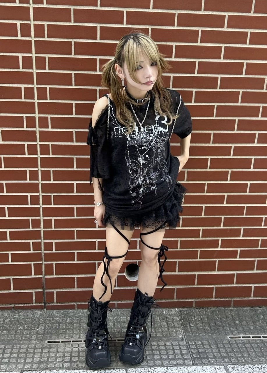 受注制【Never mind the XU】unbalance grunge tee (2color) / 【エックスユー ドッグ】アンバランスグランジメッシュ半袖トップス