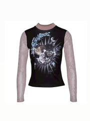 【La Lune】PALA TOP / 【ラリュンヌ】キャットグラフィックデザインレース長袖Tシャツ