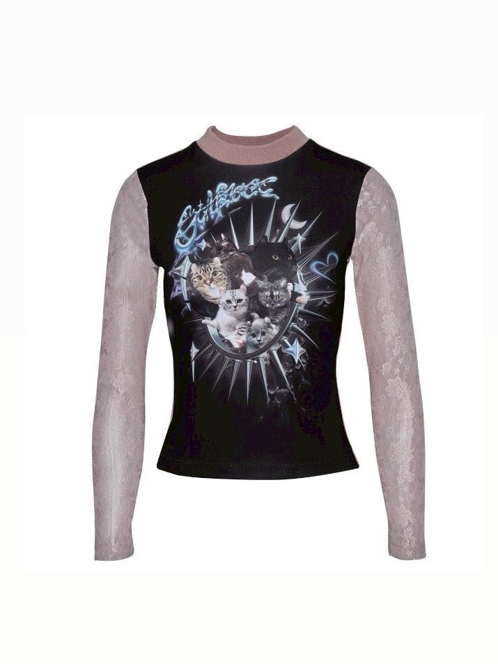 【La Lune】PALA TOP / 【ラリュンヌ】キャットグラフィックデザインレース長袖Tシャツ