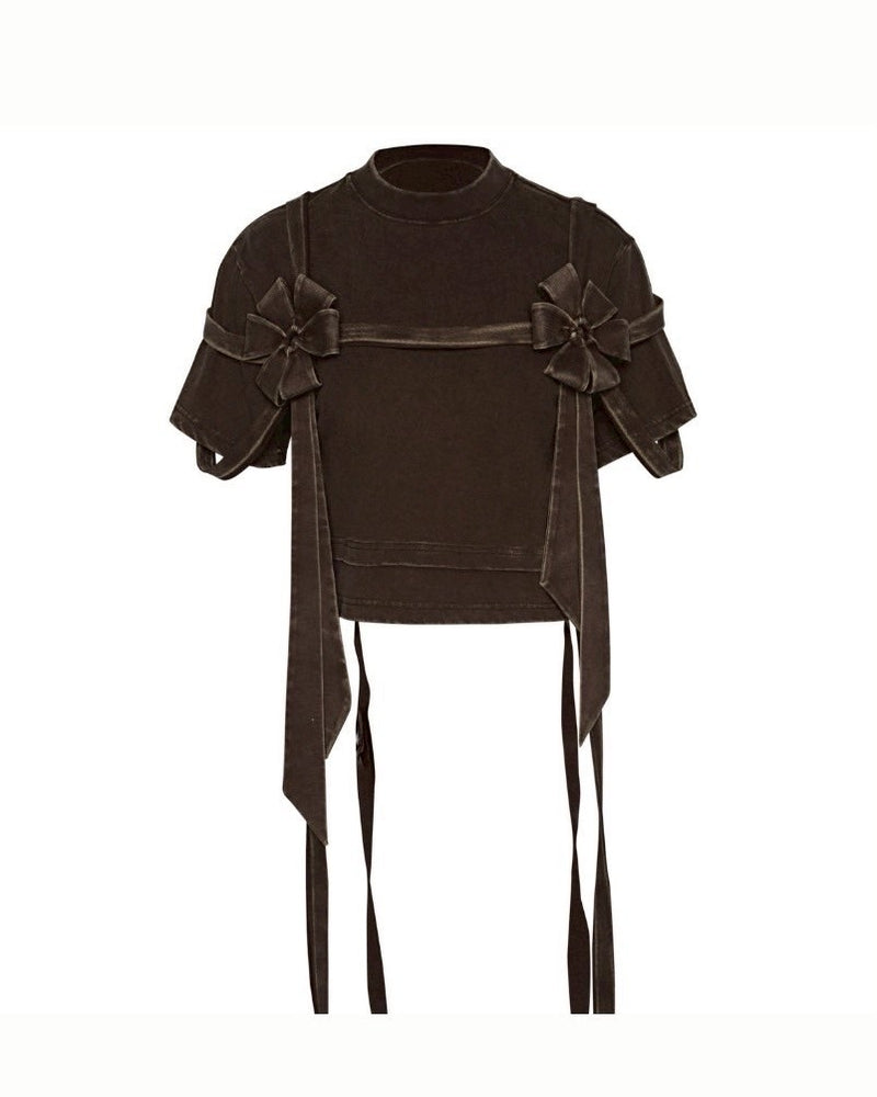 【La Lune】EARTHY TOP / 【ラリュンヌ】ビンテージフェイクレイヤードリボン半袖Tシャツ