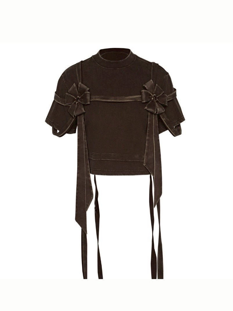 【La Lune】EARTHY TOP / 【ラリュンヌ】ビンテージフェイクレイヤードリボン半袖Tシャツ