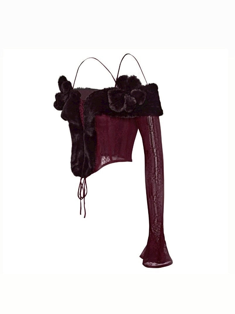 【La Lune】BLOOD MOON TOP / 【ラリュンヌ】ファーフラワーコルセットレースオフショルダー長袖トップス