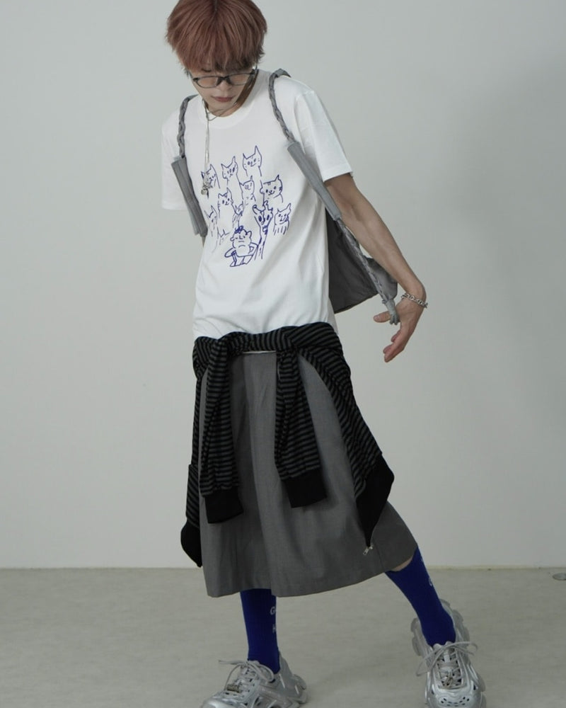 国際配送【Nerd out XU】lots of neko tee / 【ナードアウトエックスユー】キャットプリント半袖Tシャツ