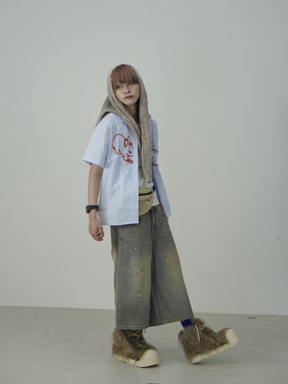 国際配送【Nerd out XU】pink washed seven quarte denim pants / 【ナードアウトエックスユー】ピンクウォッシュドワイドハーフパンツ