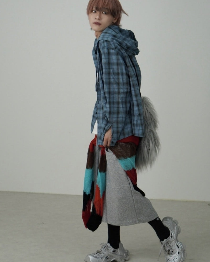 国際配送【Nerd out XU】oversized hood check shirt (2color) / 【ナードアウトエックスユー】オーバーサイズフードチェック長袖シャツ