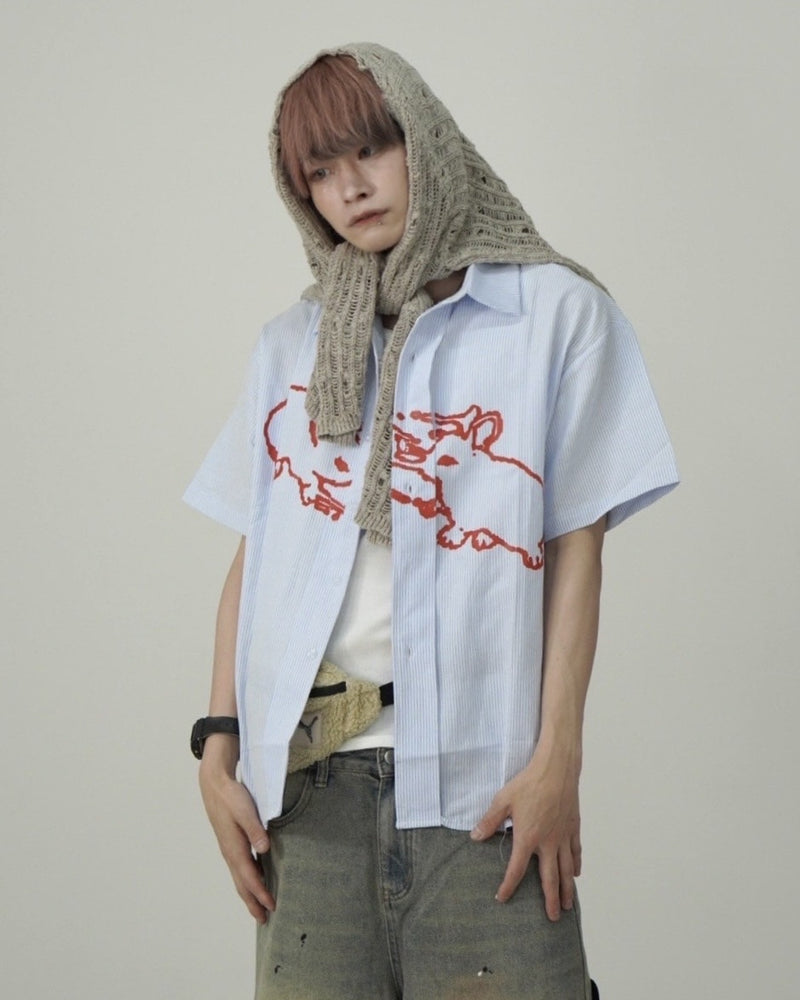 国際配送【Nerd out XU】rabbit stripe short sleeve shirt / 【ナードアウトエックスユー】ラビットプリントストライプボーダー半袖シャツ