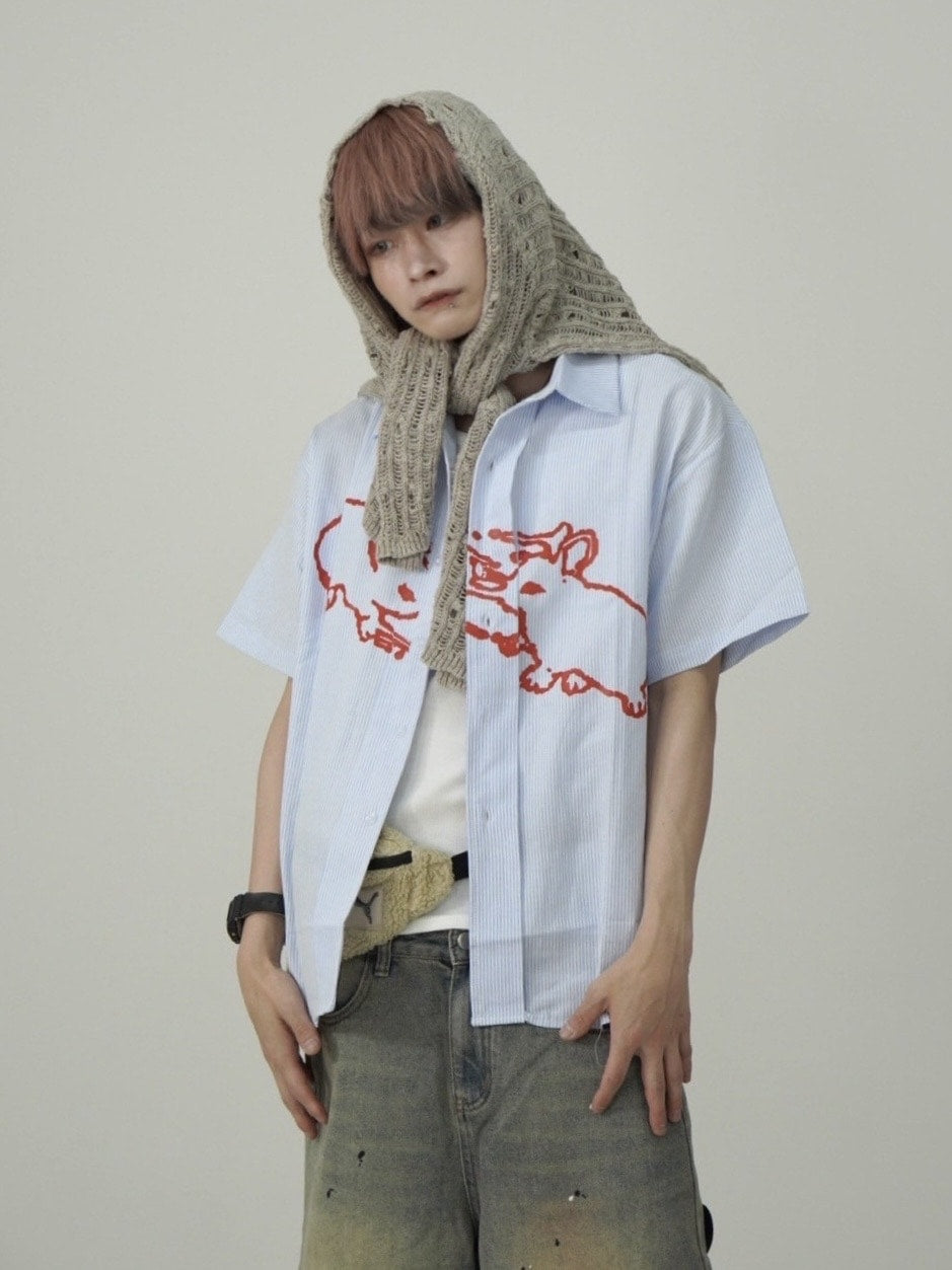 国際配送【Nerd out XU】rabbit stripe short sleeve shirt / 【ナードアウトエックスユー】ラビットプリントストライプボーダー半袖シャツ