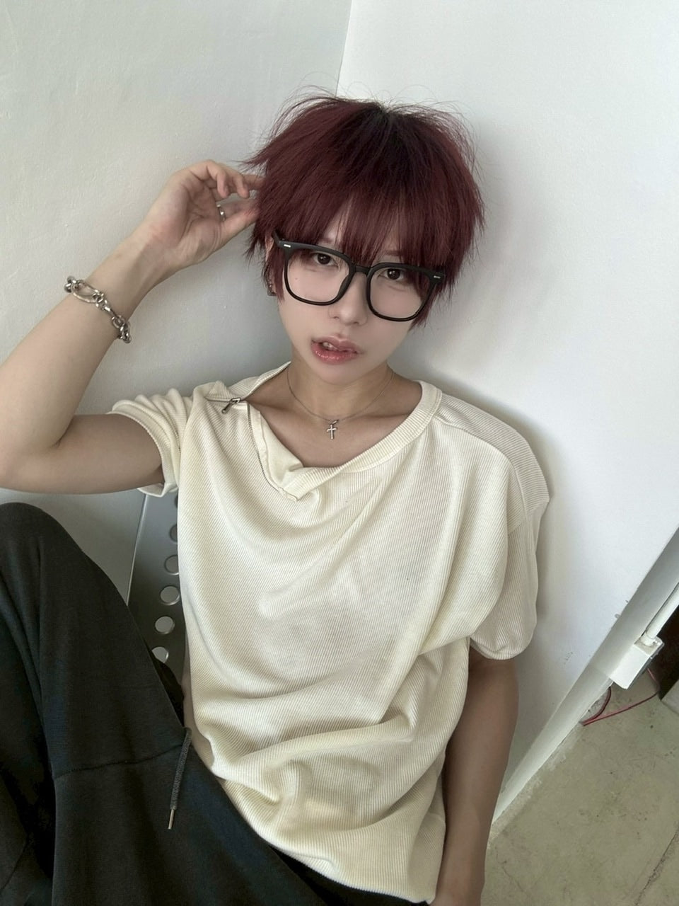 受注制【LUV CODE】shoulder zip half sleeve knit (3color)