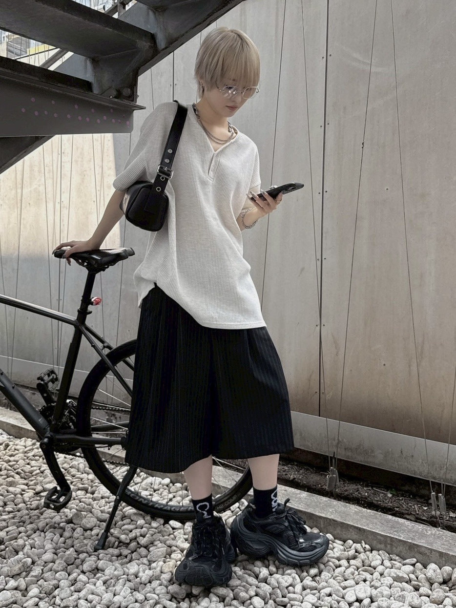 【nmtc +】stripe slacks shorts / 【エヌエムティーシープラス】ストライプスラックスハーフパンツ (2color)