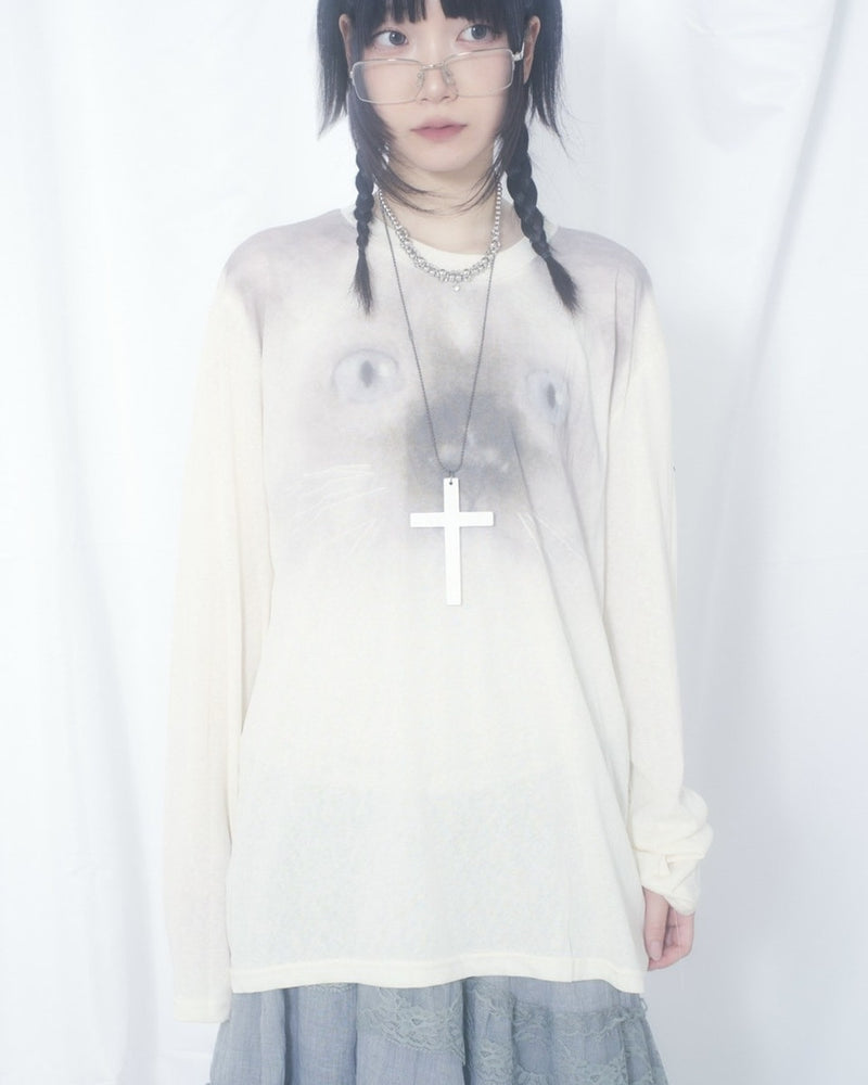 国際配送【Nerd out XU】cat face sheer long sleeve / 【ナードアウトエックスユー】キャットフェイスシアー長袖Tシャツ