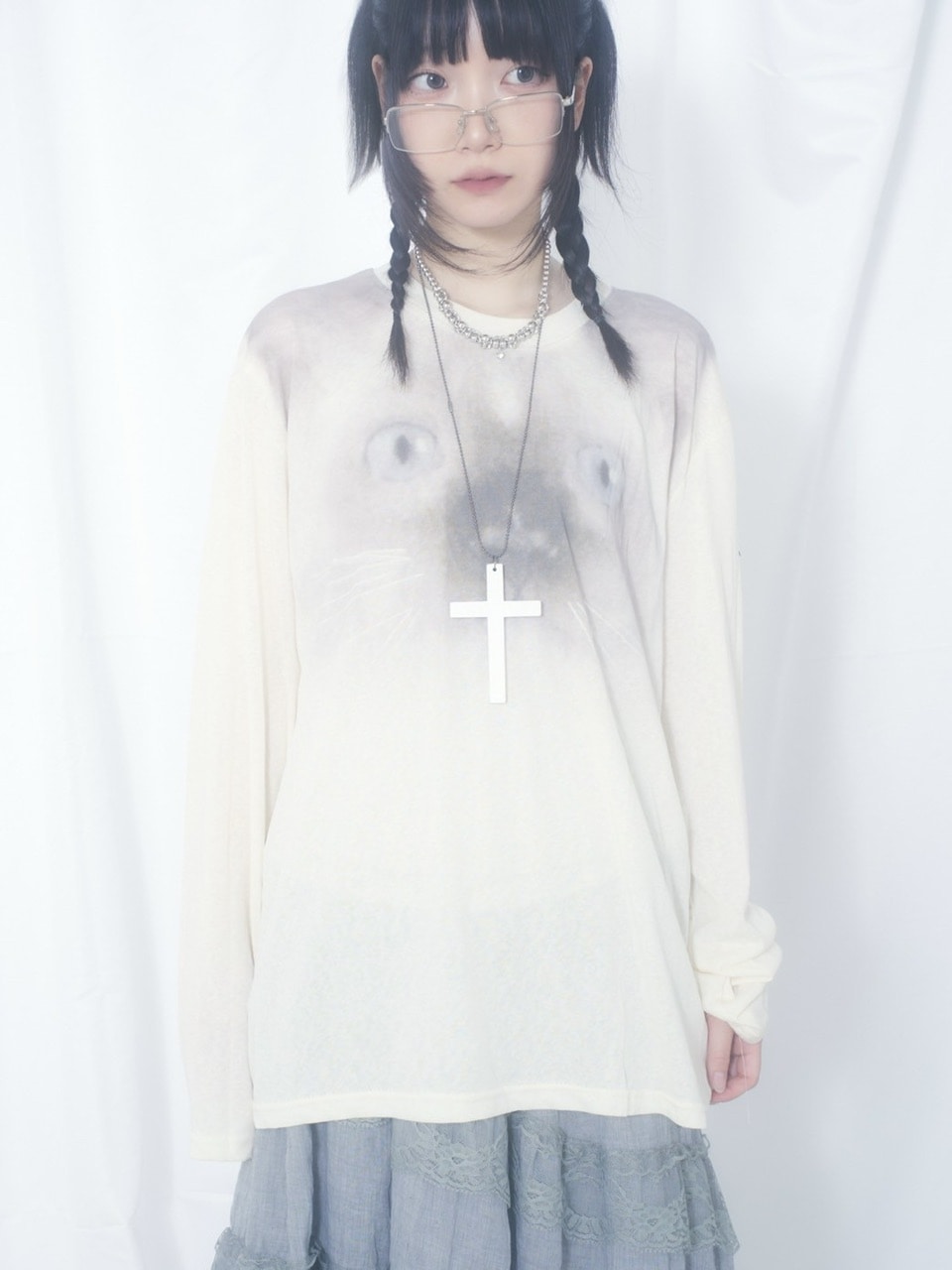 国際配送【Nerd out XU】cat face sheer long sleeve / 【ナードアウトエックスユー】キャットフェイスシアー長袖Tシャツ